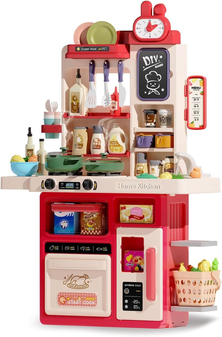 Kids Kitchen Playset Set, 63PCS Pretend Play Kitchen Toys for Toddlers, Cooking Stove with Steam Sound Light, Play Sink with Manual Faucet, Play Food Accessories Gift for Girls, 33H Red
