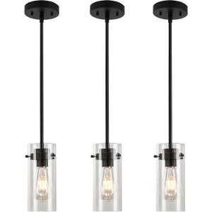 EAPUDUN Pendant Lights Kitchen Island (3 Pack), Clear Glass Shade Kitchen Lighting fixtures Ceiling Hanging, Black Pendant Lights for Kitchen Island,Dining Room,Corridor Bedroom E26 Base