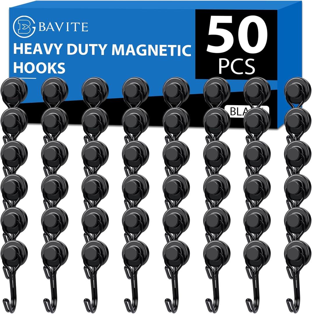 E BAVITE Swivel Swing Black Magnetic Hooks,30LBS Powerful Strong Neodymium Rare Earth Magnet Hook. Perfect for Refrigerator, Kitchen and Other Surfaces, Pack of 50