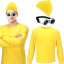 Ramede 3 Pcs Simple Halloween Costume Set Includes Yellow Long Sleeve T-Shirt Cuffed Beanies Hat and Steampunk Goggles (2 X-Large for Adult)