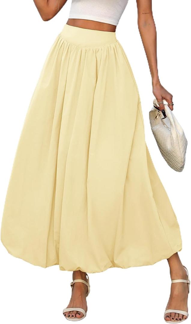 ELLEVEN Women's Bubble Maxi Skirt, Elastic Waist Puffy Hem A-Line Skirts (S)