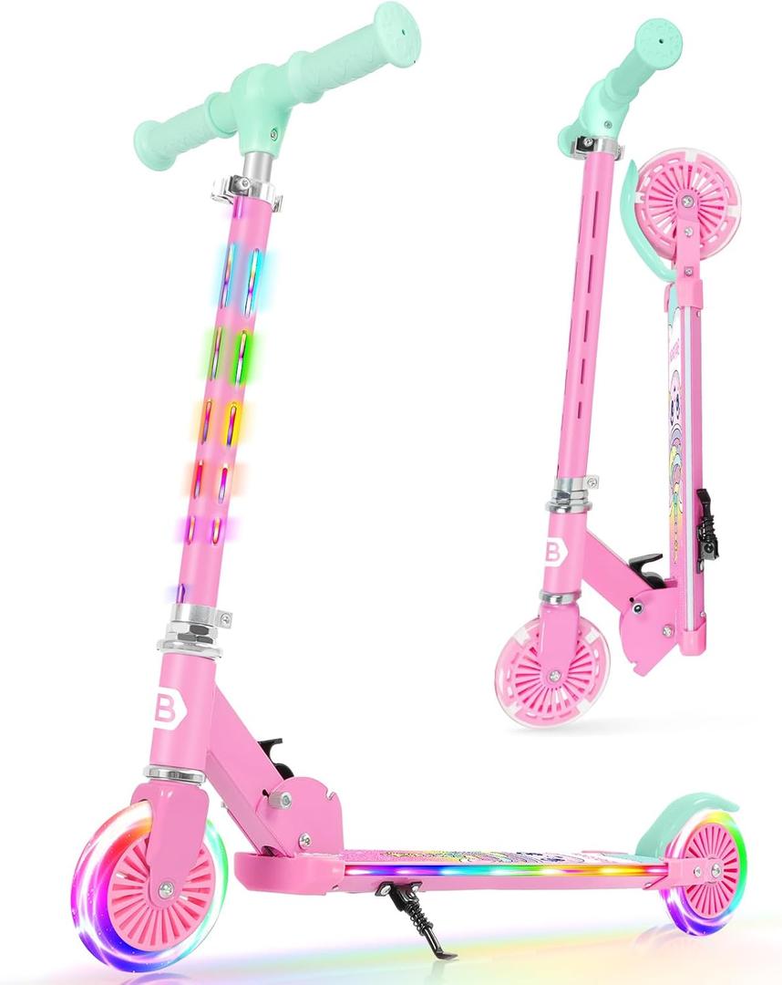 BELEEV Scooters for Kids with Light-Up Wheels & Stem & Deck, 2 Wheel Folding Scooter for Girls Boys, 4 Adjustable Height, Lightweight Kick Scooter with Kickstand for Children Ages 3-12 (Teal Pink)