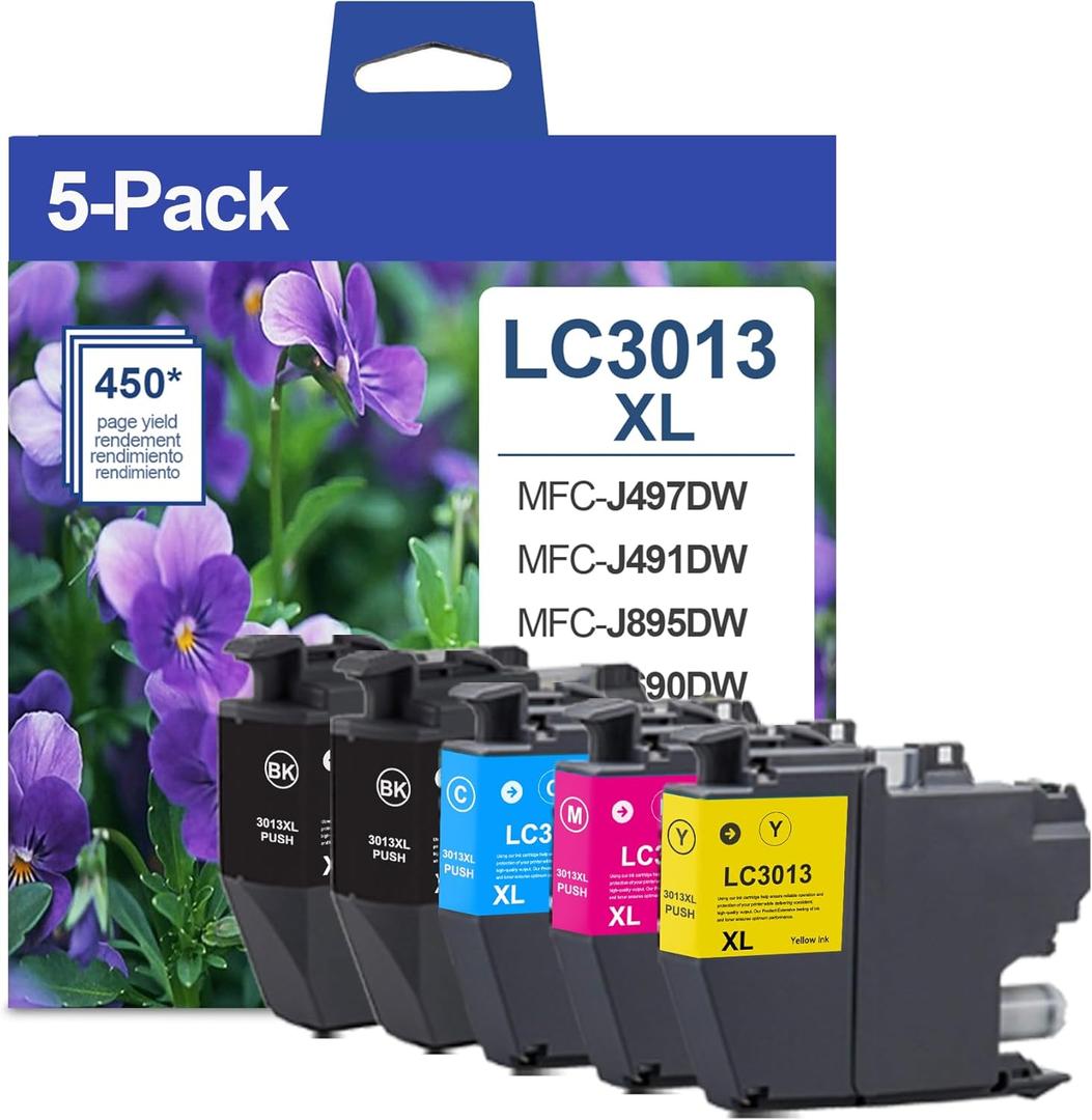 5-Pack LC3013 Ink Cartridges XL (2BK/1C/1M/1Y) - Replacement for Brother LC3013 Ink Cartridges XL LC3011 Work for MFC-J497DW MFC-J491DW MFC-J895DW MFC-J690DW Printer