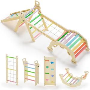BlueWood 2024 8-in-1 Pikler Triangle Climbing Set Toddler Toys Indoor Baby Jungle Gym Climber Playground for Kids - Rainbow, Small