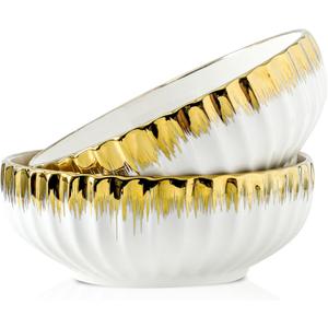 LETAOTAO Serving Bowls, 8 inch Large Salad Bowls, Ceramic Bowl Set of 2 White Bowl with Gold Trim, Kitchen Decorative Bowls Set for Kitchen, Salad, Soup, Pasta and Dinner(60 oz) (white and gold-01)