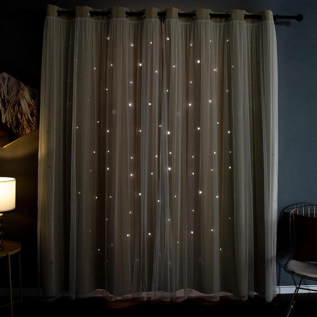 Kinryb Blackout Curtains for Girl Bedroom/Living Room/Classroom, Sheer Overlay 63 Inches 2 Panel Set, Double Layer Curtains with Star Cutout for Kids Room(W 52 x L 63 Inches