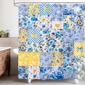 Boho Blue Floral Shower Curtain 60Wx72H Inches Bohemian Retro Patchwork Flowers Blooming Floral Farmhouse Shabby Chic Cloth Fabric Waterproof Polyester Bathroom Home Decor Set with Hooks
