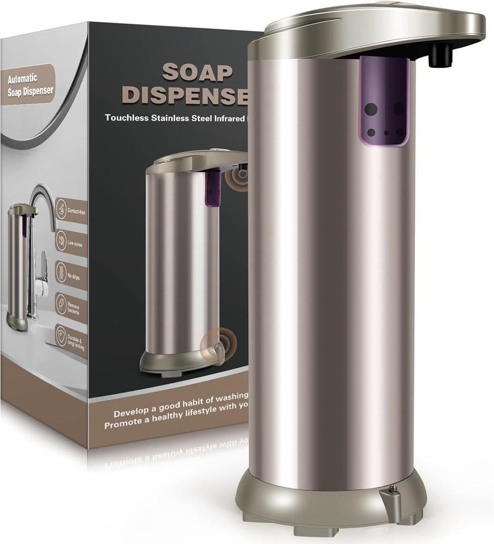 Automatic Soap Dispenser, Fits Most Soaps, 3 Adjustable Dispensing Levels, Smart Precise Sensing, Easy to Use & Refill, 8.8 oz Stainless Steel Touchless Soap Dispenser for Kitchen (Champagne)