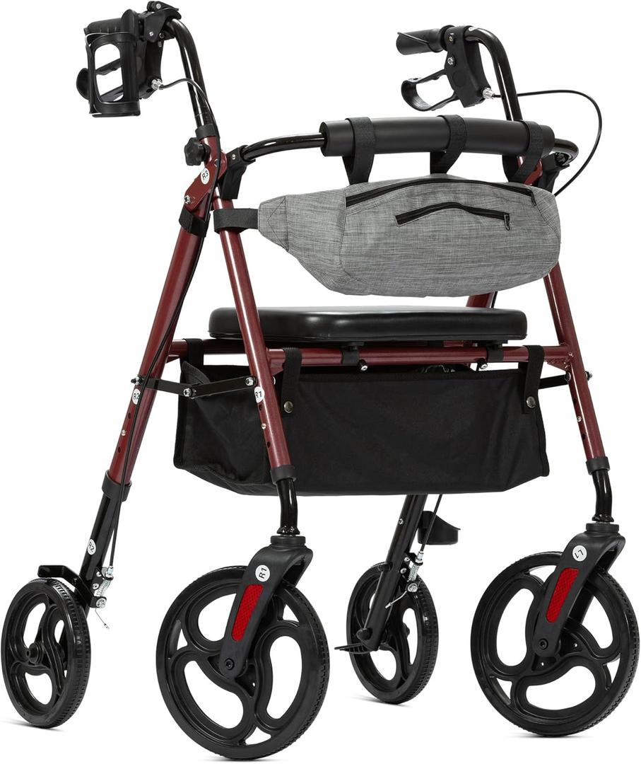 Rollator Walker with Padded Seat and Backrest with Front Storage Bag, 10 Wheels for Adults and Seniors, Burgundy