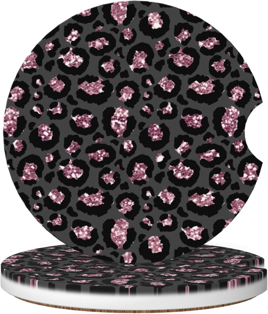 Absorbent Car Coasters for Cup Holders, 2 Pack Universal Anti Slip Ceramic Cup Coaster for Women Men 2.56 Inch Car Interior Accessories - Black Pink Leopard 005