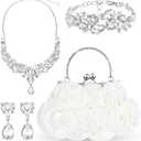 4 Pcs Flower Clutch Rhinestone Jewelry Set Rose Clutch Handbags with Detachable Strap Detachable Necklace Earrings Bracelets for Wedding Party Prom Valentine Gift