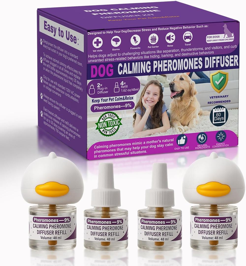 Dog Calming Pheromones Diffuser & 6 in 1 Kit Appeasing Dog Pheromone Diffuser to Calm (2 Plug in+4 x48ml Refill) Dog Calming Diffuser Fei 01