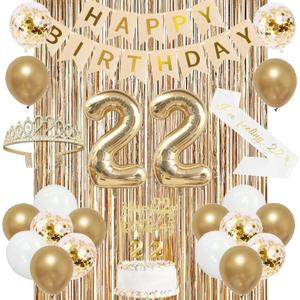 Trgowaul 22nd Birthday Decorations for her, Champagne Gold Happy 22nd Birthday Supplies for Girls, 22 Sash and Crown, Banner, Fringe Curtains, Cake Topper, 22 Year Old Party Supplies Set