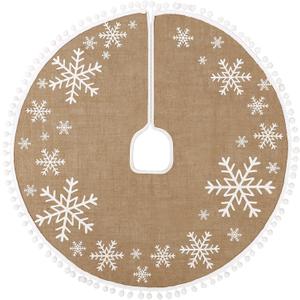 MACTING Christmas Tree Skirt, 30 Inch Small Burlap Tree Mat with White Large Small Snowflake Patterns Pom Poms for Holiday Party Indoor Home Christmas Tree Decorations