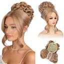 REECHO Messy Bun Hair Piece with Bangs - 2-in-1 Hair Bun Hairpieces Curly Updo Wig & Hair Topper with Long Side Bangs Natural-Looking Drawstring Ponytail Extension for Women - Dark Blonde