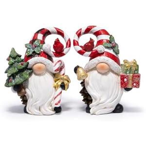 Hodao Christmas Gnome Decorations Set of 2 - Hand-Painted Resin Gnomes with Candy Cane Swirl Hats, Cardinals & Holly Accents - Tabletop Mantel Decor Winter Gift