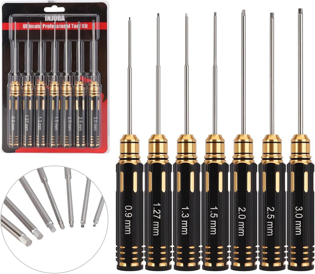 INJORA RC Hex Screw Driver Set-7PCS Car Tool Kit 0.9, 1.27, 1.3, 1.5, 2.0, 2.5, 3.0mm Hexagon Allen Screwdriver Wrenches Sets, Repair for Model Helicopter Drone Boat Car,(Tool-LSD39)