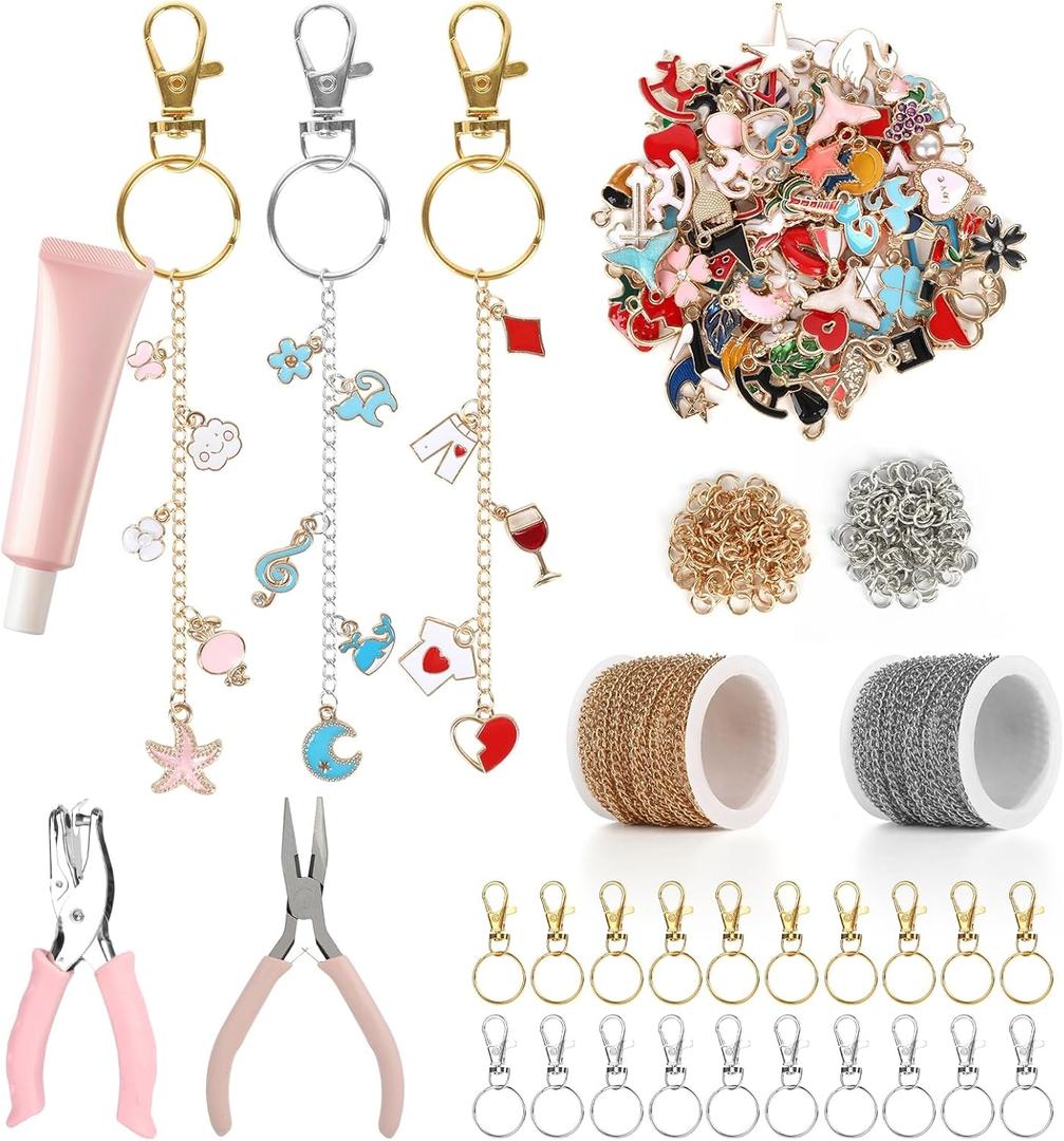 224 Pcs Lip Gloss Charm Keychain Set, Homemade Keychain Making Set, 100 Lip Gloss Charm, 20 Keychains, 1 Jewelry Plier, 1 Puncher, 16.5 Ft Rolls Chain, 100 Jumping Rings, for Jewelry Craft Gifts