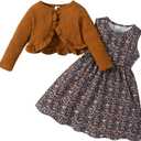 Kid Toddler Girl Fall Dress+Cardigan 2 Piece Floral/Plaid Sleeveless Dress and Cardigan Set 2-14Y (Brown)