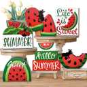 Summer Tiered Tray Decor, Red Green Watermelon Tray Decorations, Hello Summer Sweet Popsicle Ant Wooden Signs, Farmhouse Rustic Decorations for Home Table Shelf Mantel Party