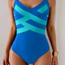 One Piece Swimsuit for Women Modest Full Coverage Bathing Suit Slimming Color Block V Neck Swimwear (Blue, S)