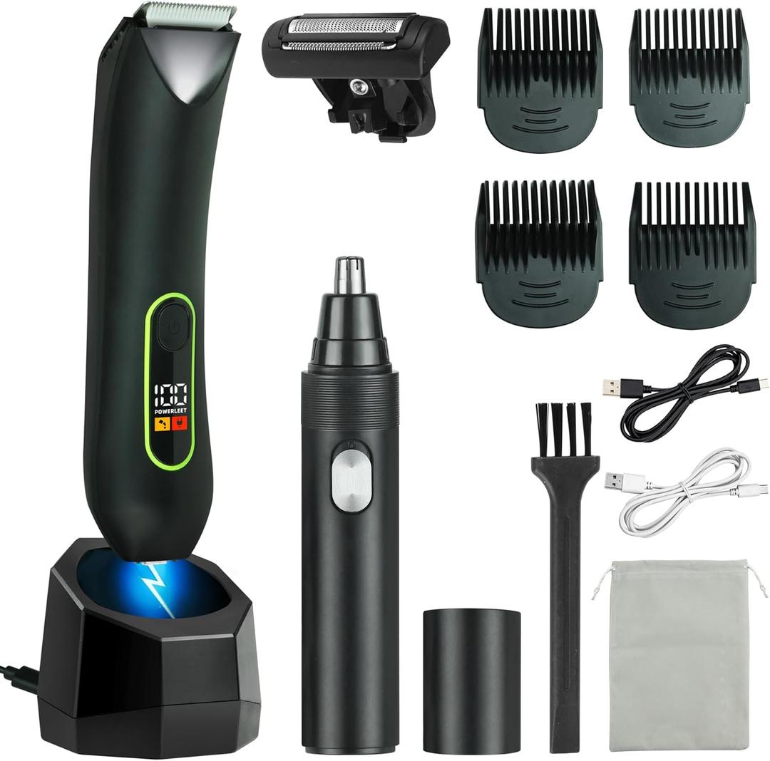 Rechargeable Body Hair Trimmer for Men, 2 in 1 Body Groomer for Men, Replaceable Hair Cutting Blade, IPX7 Waterproof Wet/Dry Ball Groin Trimmer with Charging Base