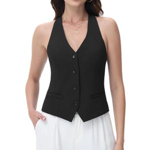 Women Suit Vest V Neck Button Down Vest Top Tuxedo Waistcoat Sleeveless Racerback Fashion Vests Blazer (Black, L)