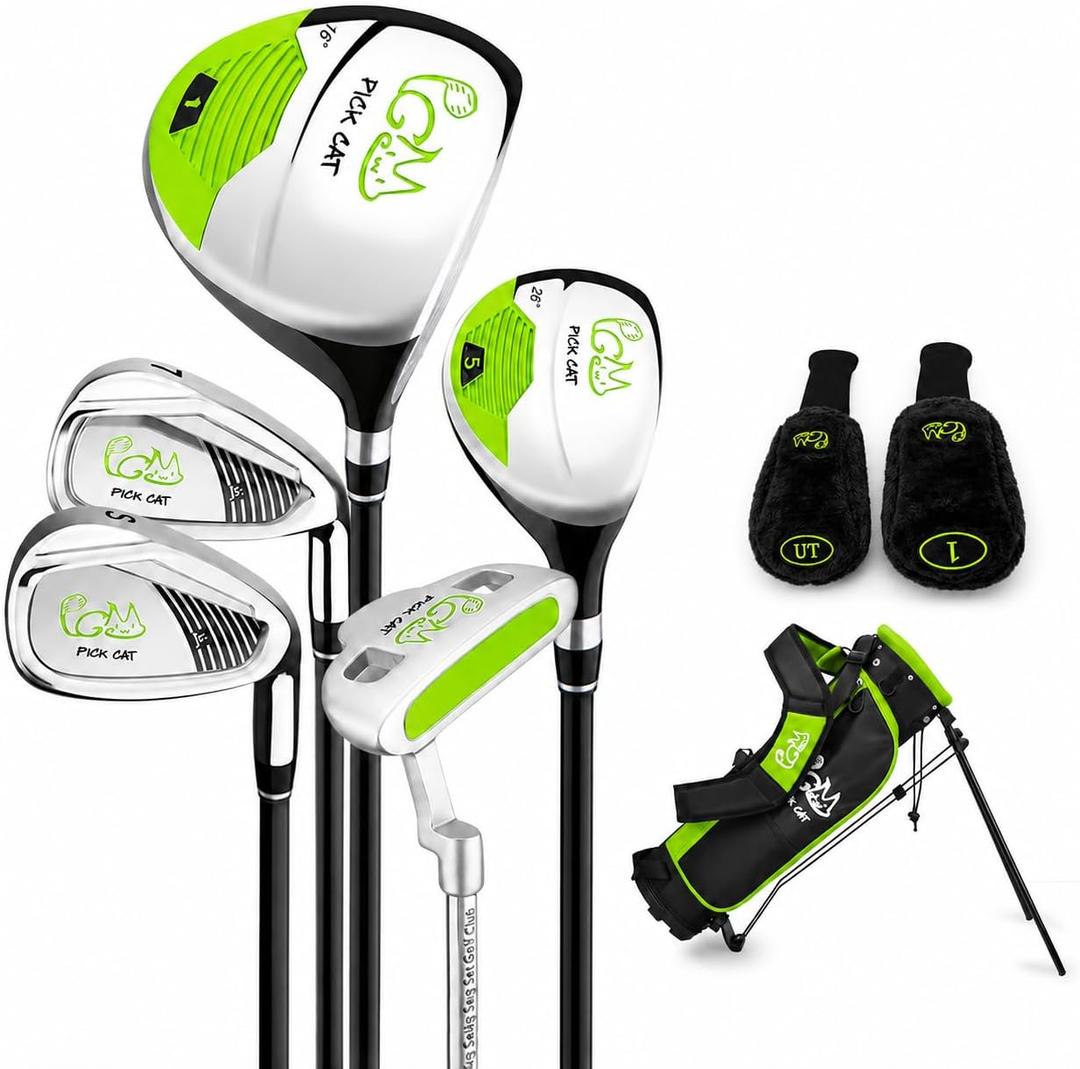 PGM Kids Junior Golf Clubs Ages 3-12, 5-Club Beginner Set Stand Bag Green (1# Driver, 5# Iron, 7# Iron and S, Stiff, Steel, Right)