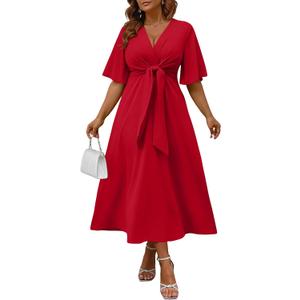 Ekaliy Women's Wedding Guest Dress,V Neck Ruffle Sleeve A Line Maxi Church | Stretchy lightweight fabric, wrap v-neck with chest tie, side pockets, curvy-friendly fit for formal cocktail events. (XXL)