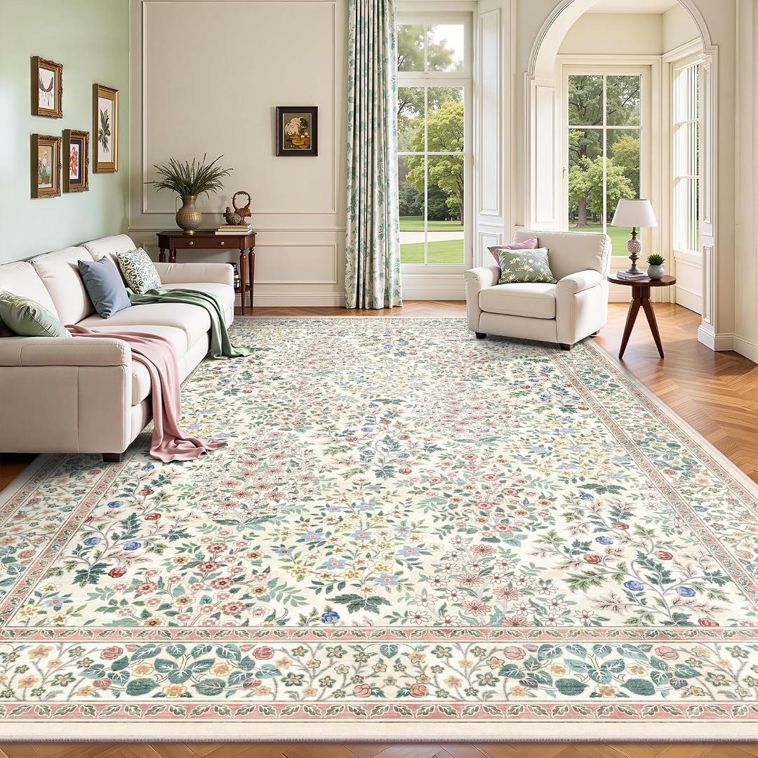8x10 Area Rugs, Machine Washable Low Pile Floral Rugs for Living Room, Bedroom, Large Boho Area Rug with Non-Slip Backing for Dining Room(Pink Floral)