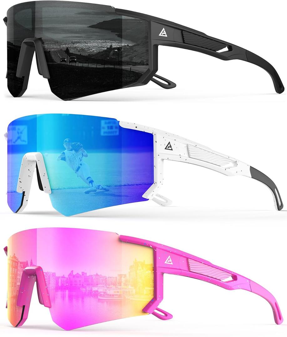 Polarized Sports Sunglasses for Men Women, UV400 Protection Mens Sunglasses Wrap Around Sun Glasses for Cycling Running (A13-grey/Pink/Ice Blue)