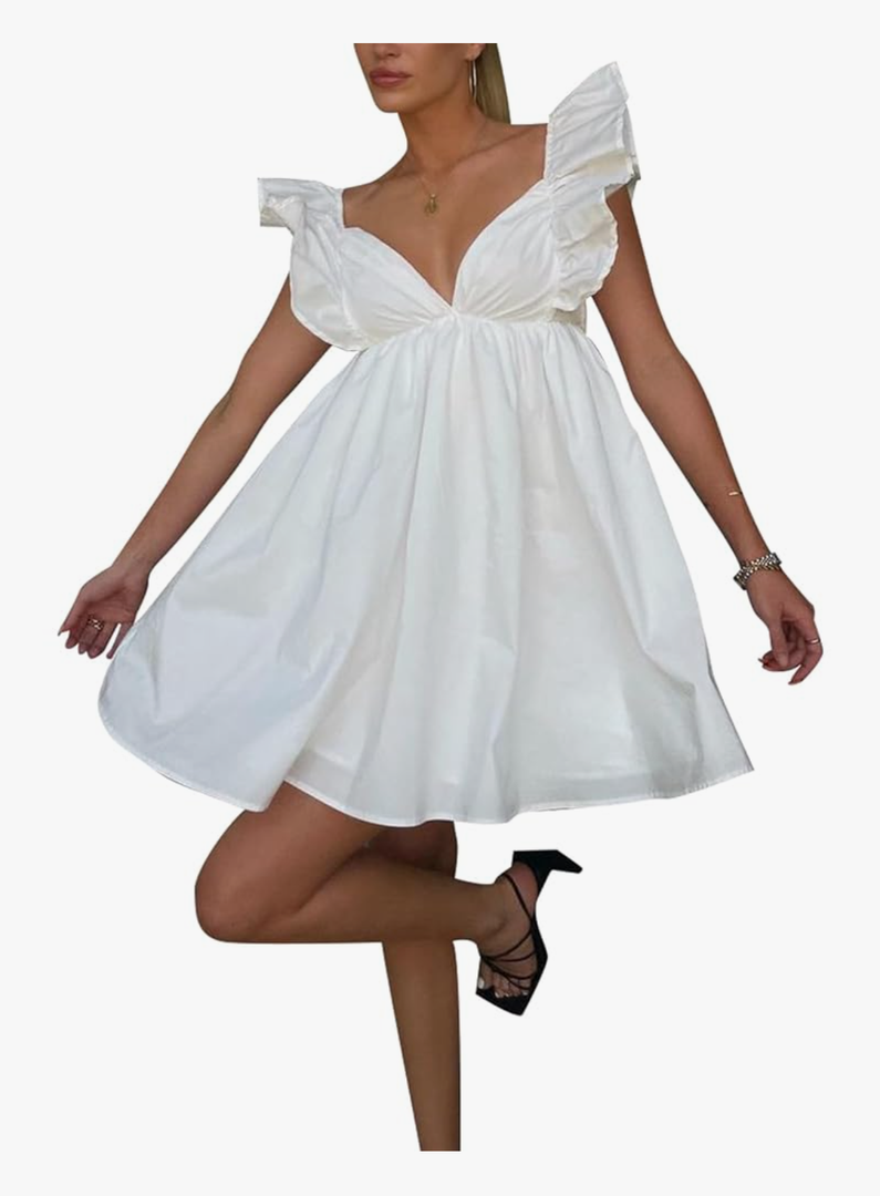 Zebaexf Womens Spring Summer V Neck Knot Back Causal Strap Short Flowy Swing Mini Dress M