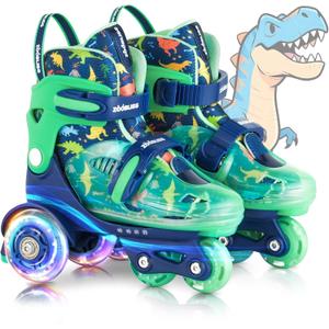 Kids Roller Skates for Beginners - ZOOBLISS Toddler Roller Skates for Boys and Girls Ages 3-7 with Light-Up Wheels & 4 Adjustable Sizes, Tri-Wheel Training Skates for Kids (Small(11C-1Y US), Dinosaur Blue)