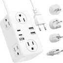 European Travel Plug Adapter, EU/UK/US Travel Adapter Power Strip, 6 AC Outlets, 65W USB C Power Delivery, 3ft Wrapped Around Extension Cord, Compact for Travel (white)