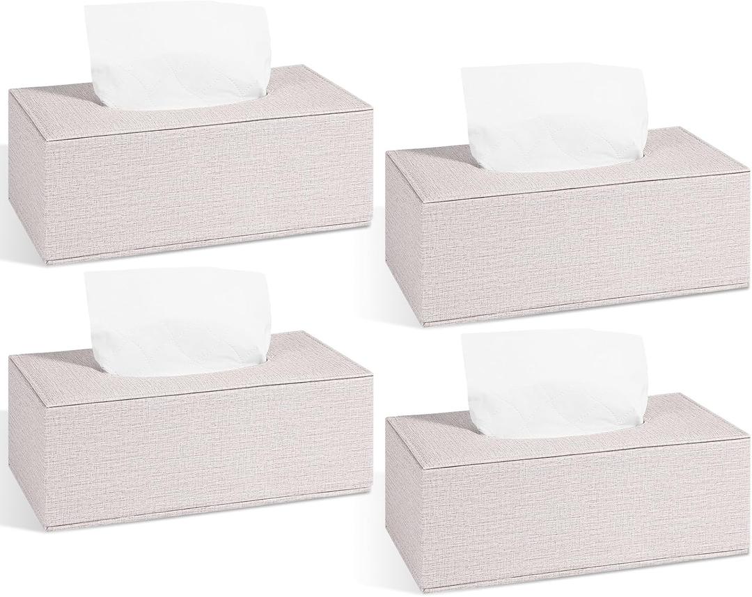 4 Pack Tissue Box Cover Rectangle, Linen Tissue Box with Magnetic Bottom, Napkin Facial Tissues Holder Dispenser, Decorative Tissue Holder for Bathroom Toilet Bedroom Living Room Office, Beige