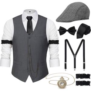 YESSA 1920s Mens Costume Gatsby Gangster Costume Accessories Set-1920s Hat Vest Pocket Watch Tie-Roaring 20s Costumes for Men (Medium, Grey)