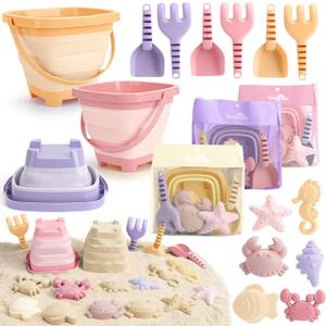 3 Pack Beach Toys Set for Kids Toddlers Girls, Collapsible Sand Buckets with Beach Molds and Mesh Bag, Sandbox Travel Toys Beach Vacation Essentials, Camping Gear, Fishing (Purple/Pink/Yellow)