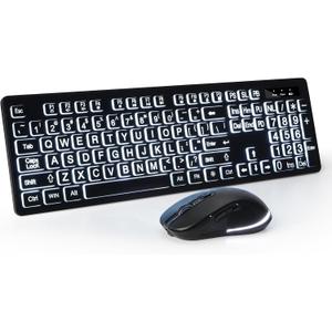Wireless Keyboard and Mouse - Large Print Wireless Keyboard, KOPJIPPOM 2.4G Full Size Keyboard and Mouse Set with Big Letters and Backlight Key for Seniors, Compatible for Windows, Laptop, PC, Black