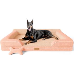 XXL Dog Bed for Extra Large Dogs, Giant Orthopedic Dog Bed with Cooling Gel Memory Foam, Waterproof Pet Bed with Removable Washable Cover, 53" Pet Sofa bed Dutch Velvet with Bone Toy, Peach Pink