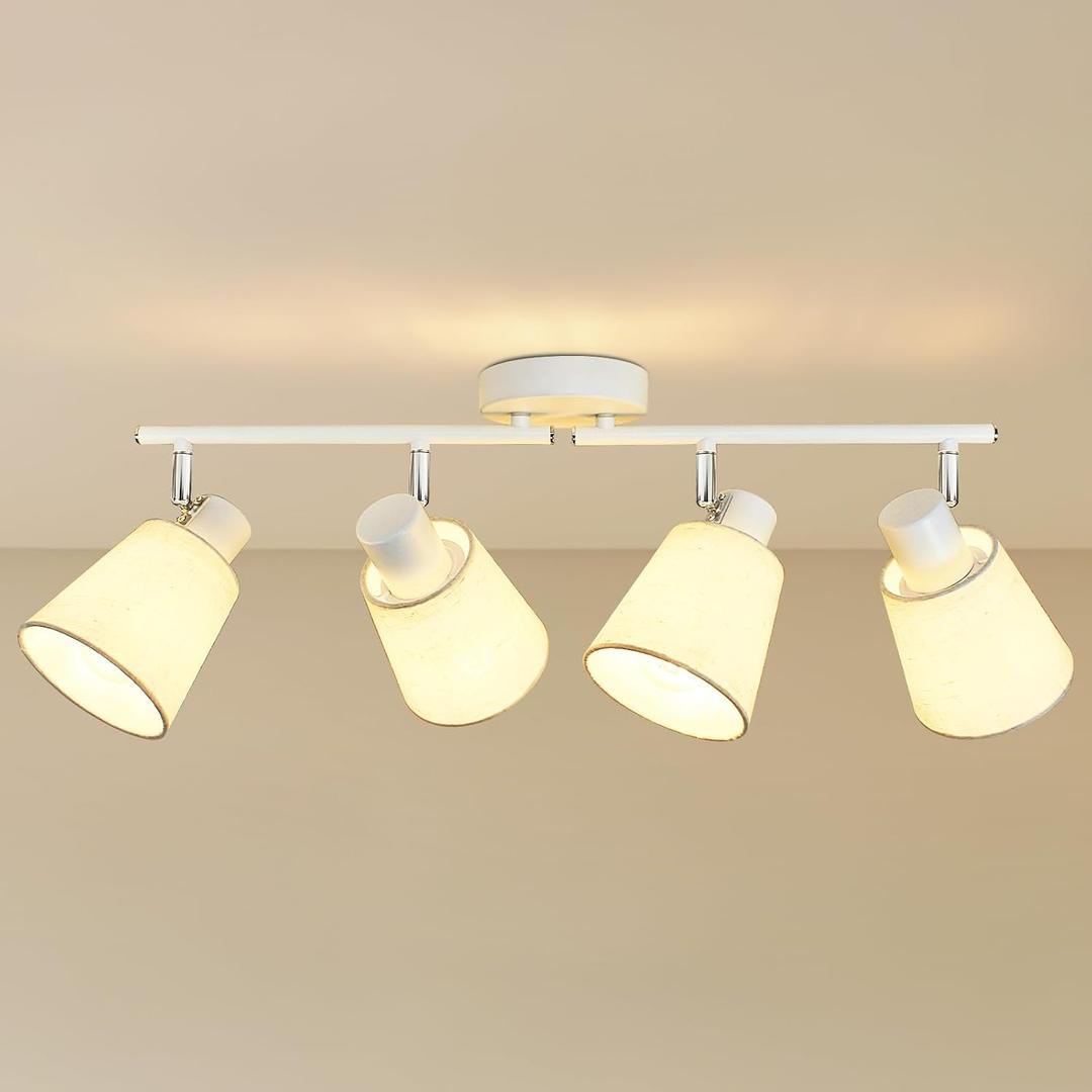 HiBay 4-Light White Track Lighting Ceiling, Fabric Shade Spotlight, E26 | Modern farmhouse light fixture with 4 directional heads for kitchen living room dining area, E26 base, bulbs not included