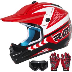 Youth Dirt Bike Helmet DOT Certified - Full Face Motorcycle Helmet for Off-Road, ATV, Street Riding, Includes Adjustable Goggles & Protective Gloves (X-Large, RED)