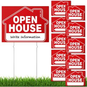 (10 Pack) Open House Signs for Real Estate, 17 x 13 Inch, Double Sided Directional Arrows Yard Signs with Open House Flag/Balloons for Real Estate Agent Supplies, Metal Stakes, Large