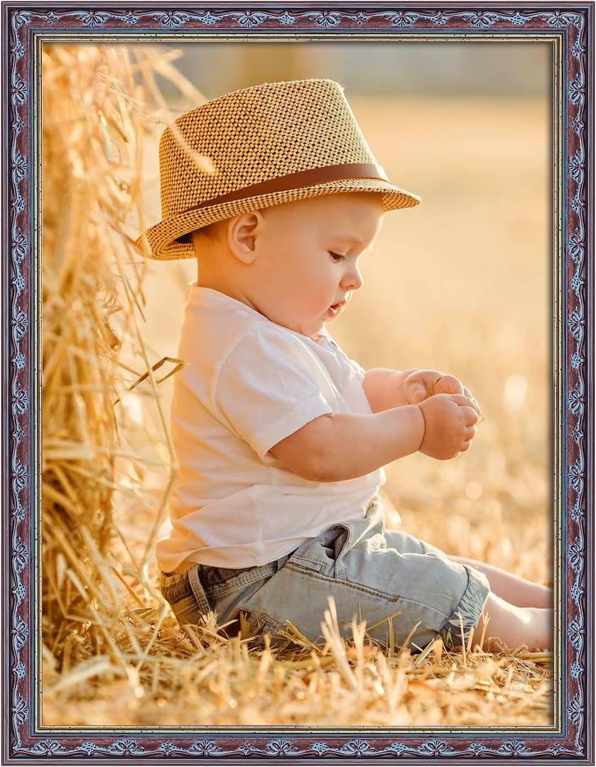 14x18 Wood Frame Brown Blue, Vintage 18x14in Floral Picture Frames, 14 x 18inch Gallery Photo Pic Display with HD Plexiglass, 1.4in Widen 1in Thick, Horizontal Vertical Wall Display