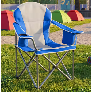 Oversized Blue Grey Metal Folding Outdoor Beach Chair Camping Chair with Cup Holder Storage and Cooler Bag