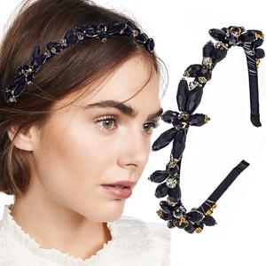 Thin Rhinestones Headband Blue Crystal Hair Bands Sparkle Beaded Head Bands for Women (Type A) (Black)