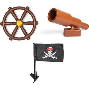 Barcaloo Playground Accessories for Kids Outdoor Playset with Pirate Ship Playhouse Wheel, Telescope & Flag Play Set, Attachments for Backyard Treehouse, Jungle Gym and Swing Set