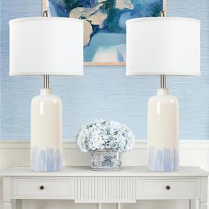 Sucolite 26" Ceramic Table Lamps Set of 2, Coastal Living Room Table Lamps with White Fabric Shades, Large Modern Bedside Lamps for Bedroom Nightstand Office Hotel Beach House, Blue Accent
