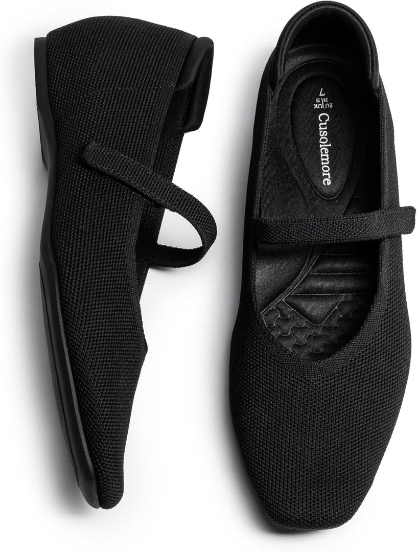 Mary Jane Flat Shoes for Women with Arch Support and Concealed Low Wedge Heel, Comfortable Women Square Toe Ballet Flats Knit Dress Shoes (10, Black)