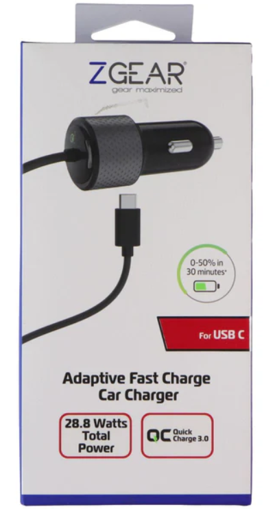 Z GEAR Adaptive Fast Charge Car Charger for USB C 28.8Watts Total Power