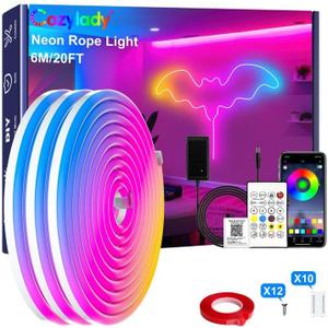 Cozylady 20Ft RGB LED Neon Rope Lights for Bedroom, 6m LED Strip Lamp with Double Sided Adhesive Tape, App/Remote Control Waterproof DIY Lights Decorate The Outdoor and Indoor of Your Home.